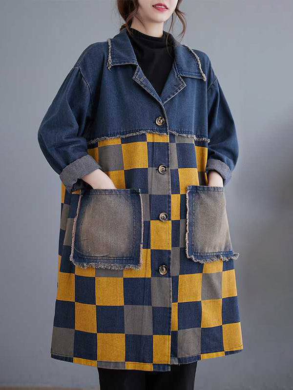 Longline denim jacket with a yellow and navy checkerboard panel in yellow check