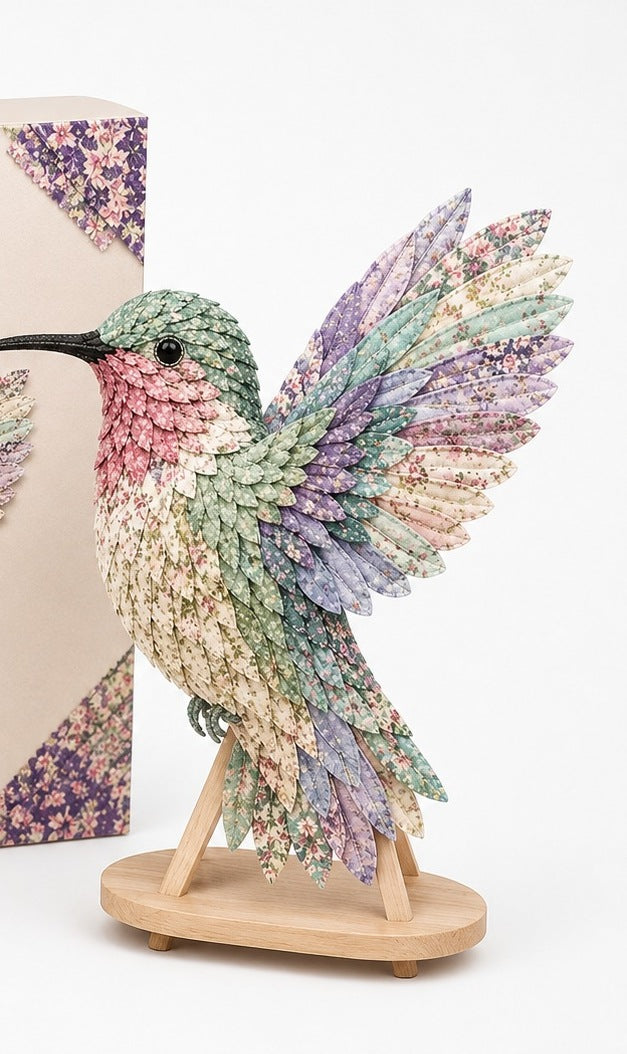 3D fabric bird craft kit with layered feathers - pastel hummingbird