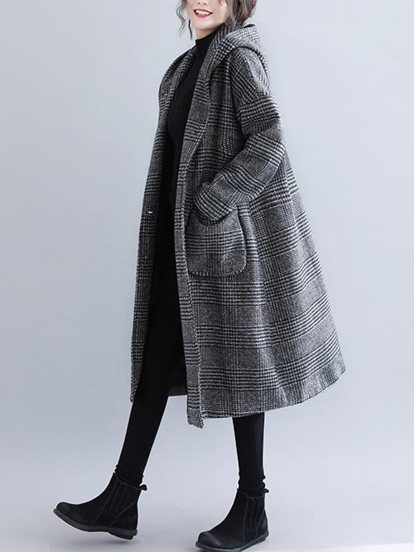 Hooded longline coat in a fine check with two patch pockets