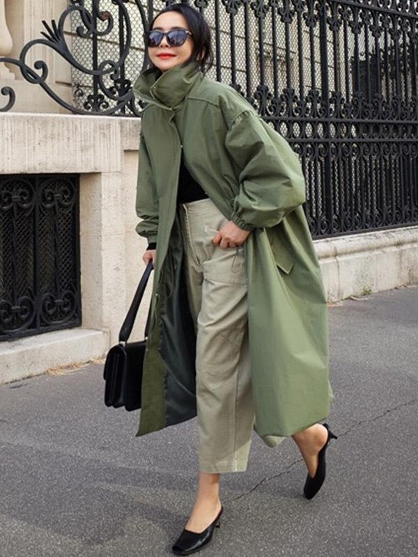 Longline hooded coat with a drawstring waist and deep pockets in army green
