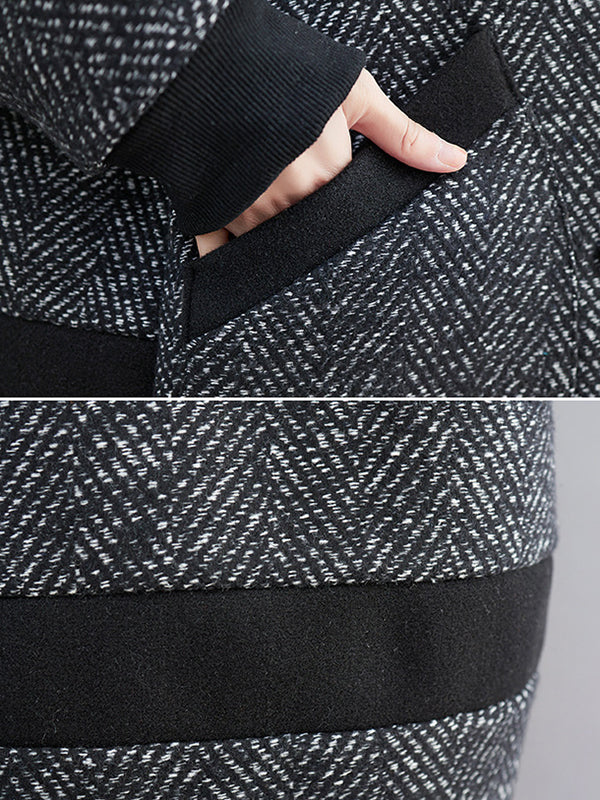 Grey herringbone hooded coat with ribbed cuffs and contrast pocket trims