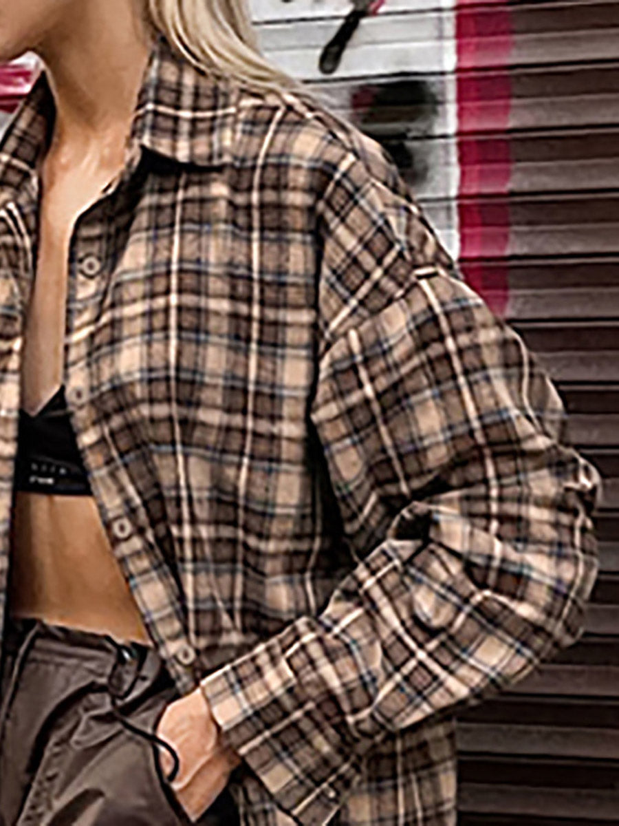 Oversized brown check shacket with a contrast collar and chest pockets