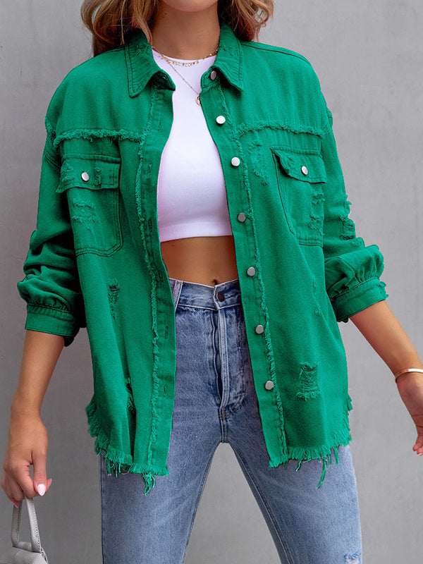 Oversized shirt jacket with frayed edges and chest pockets in deep green