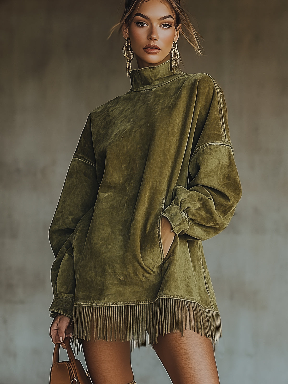 Oversized faux suede dress with fringed hem - detail