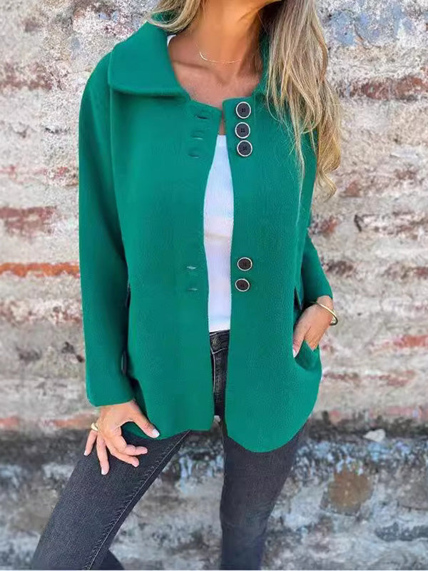 Soft knitted jacket with a wide fold-over collar and ring trims on the pockets in green