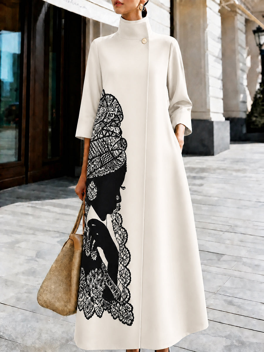 Swing coat with a large lace-style print, high neck and wide skirt in cream