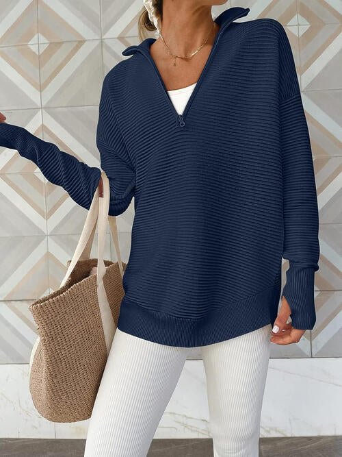 Women's half zip ribbed knit jumper - detail