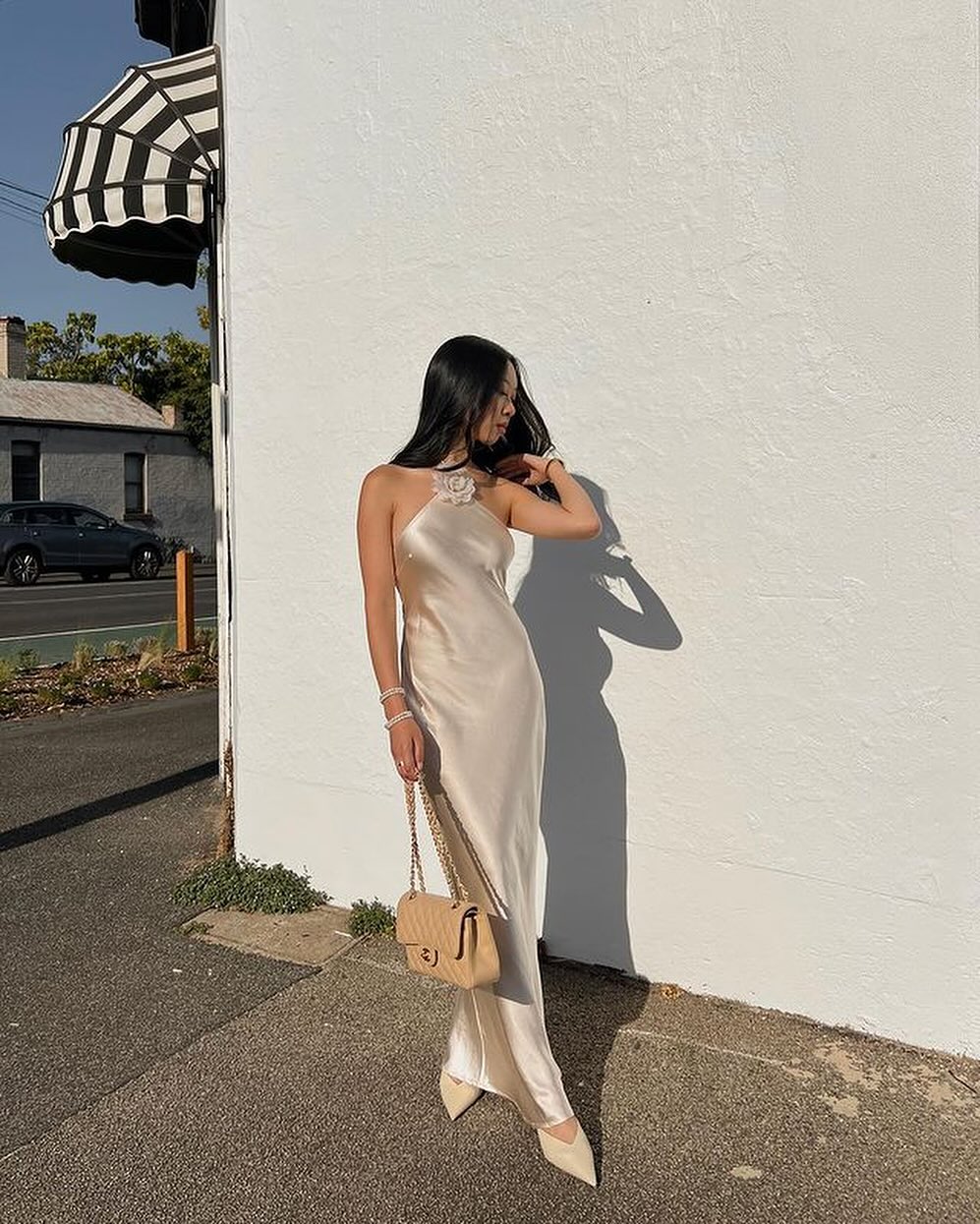 Women's Champagne Satin Dress – Rose Appliqué Occasion – lifestyle shot