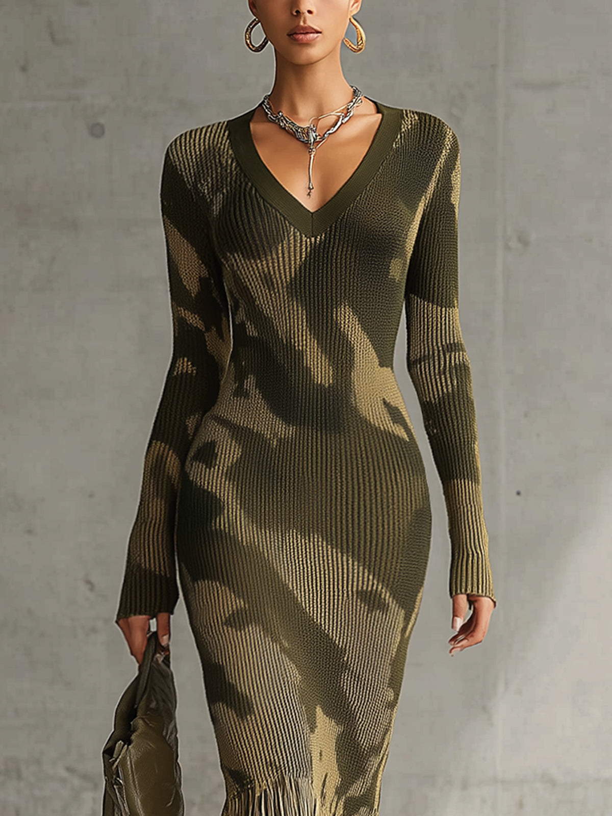 Ribbed camo knit dress with fringe hem - detail