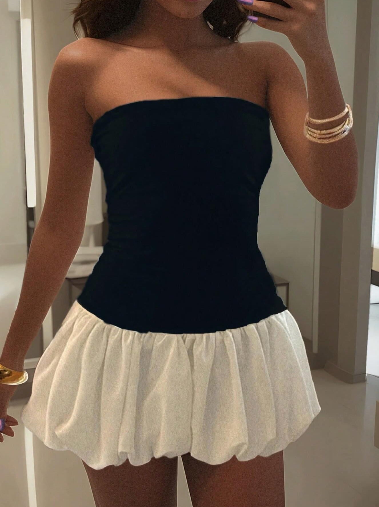 Women's Bubble Hem Bandeau Dress – Off-Shoulder Evening – detail view