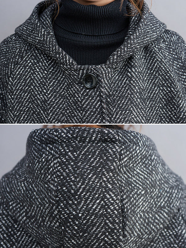 Grey herringbone hooded coat with ribbed cuffs and contrast pocket trims
