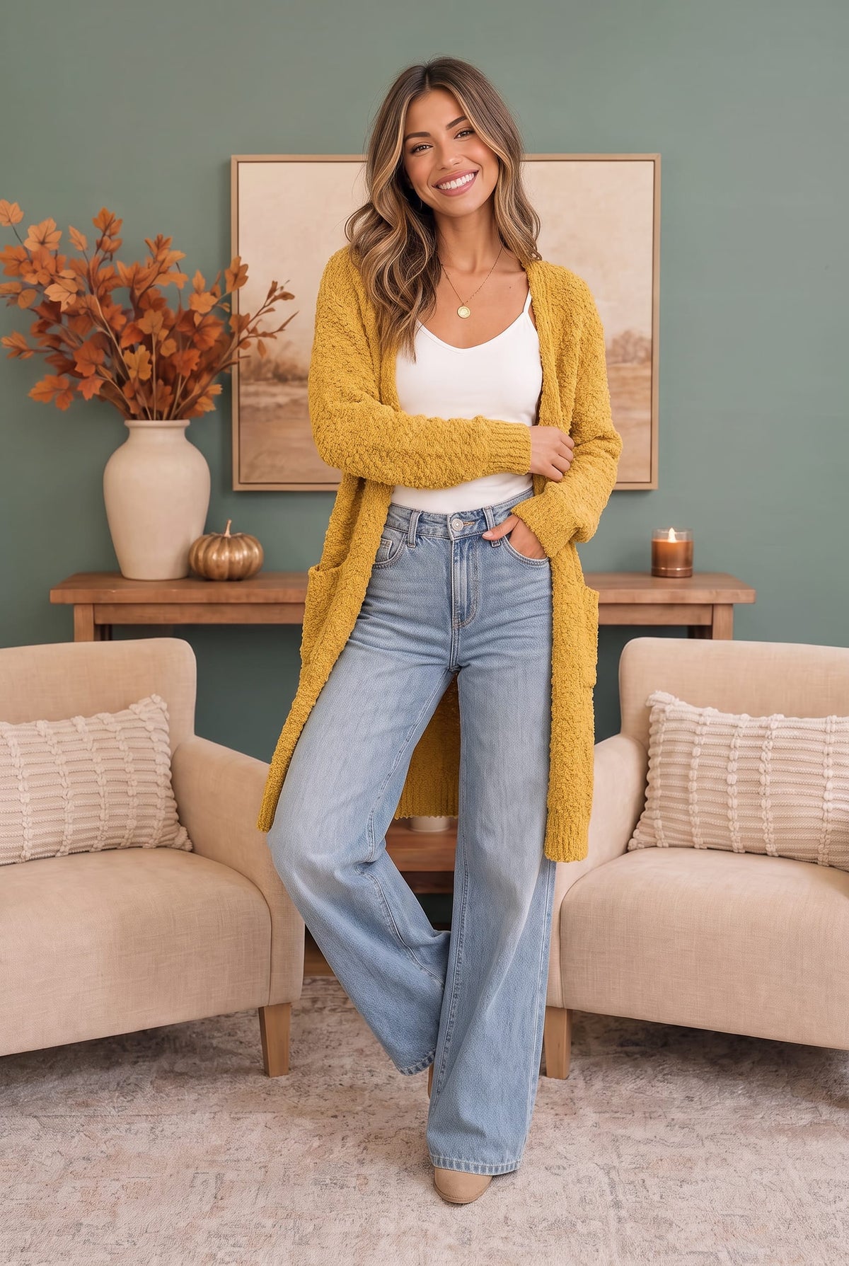 Women's mustard boucle longline cardigan - detail