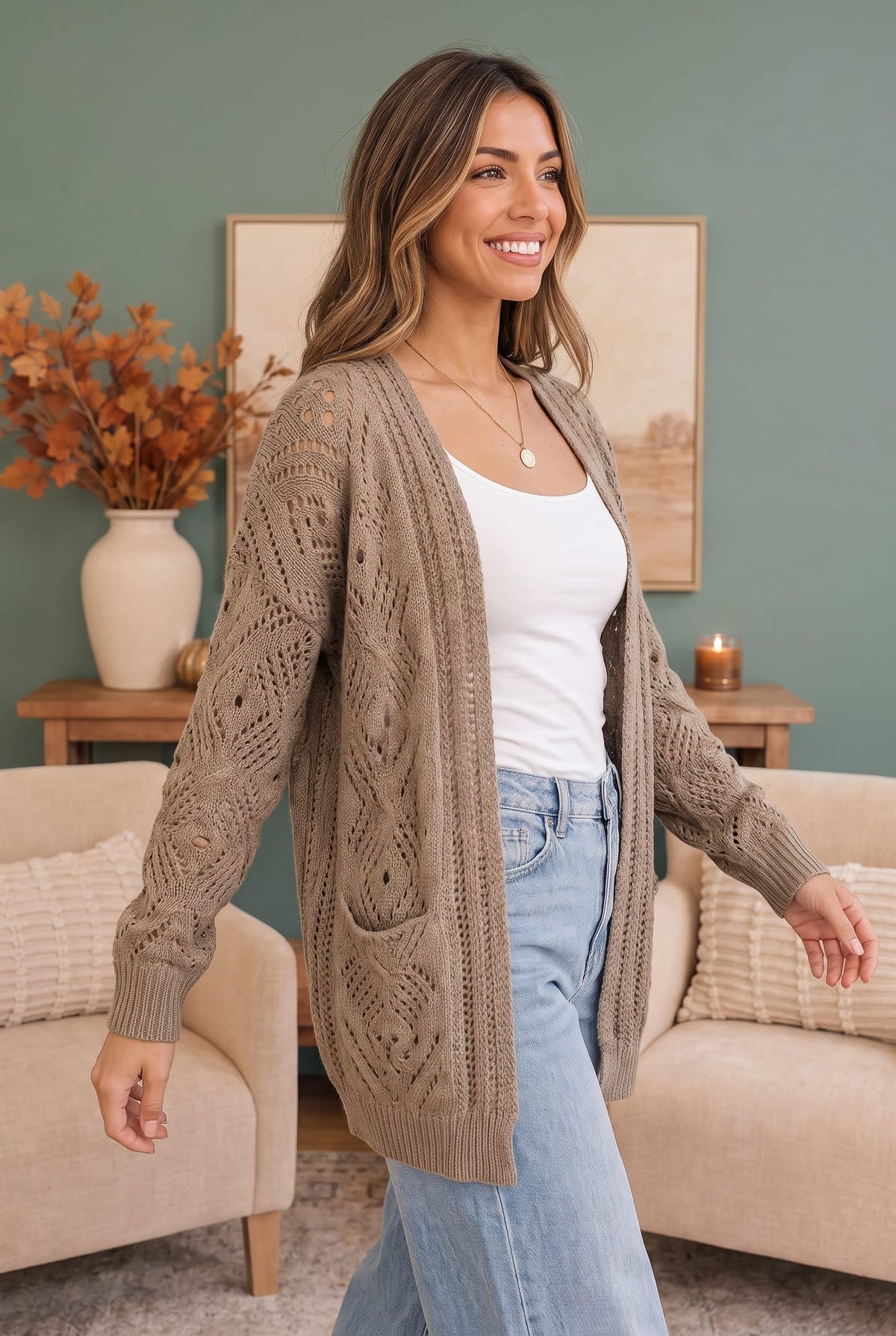 Women's pointelle longline cardigan - detail