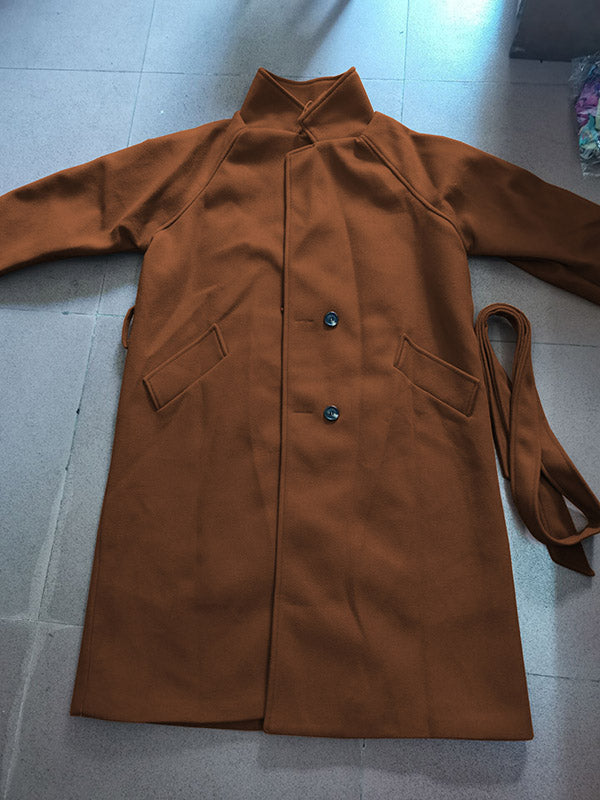 Belted longline coat with a notch lapel and welt pockets in caramel