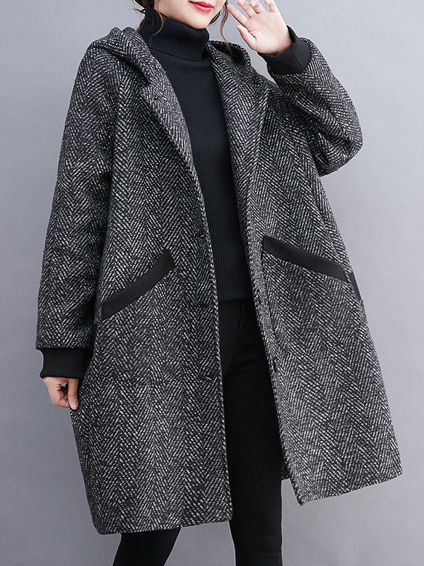 Grey herringbone hooded coat with ribbed cuffs and contrast pocket trims