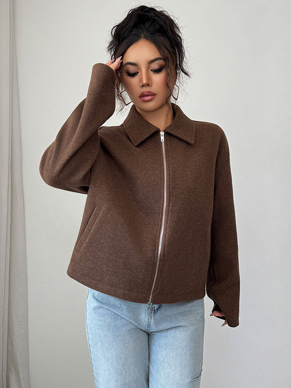 Short boxy jacket in a brushed cloth with a shirt collar and zip