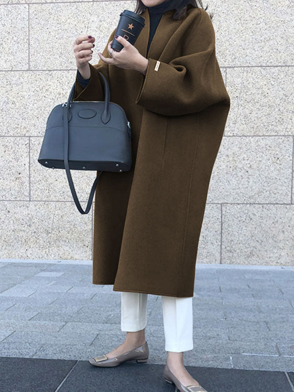 Collarless longline coat with dropped sleeves and an open front in olive