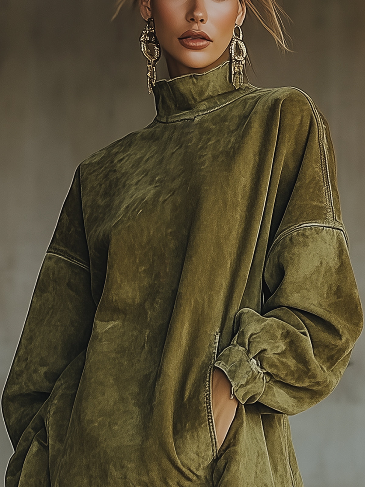 Oversized faux suede dress with fringed hem - detail