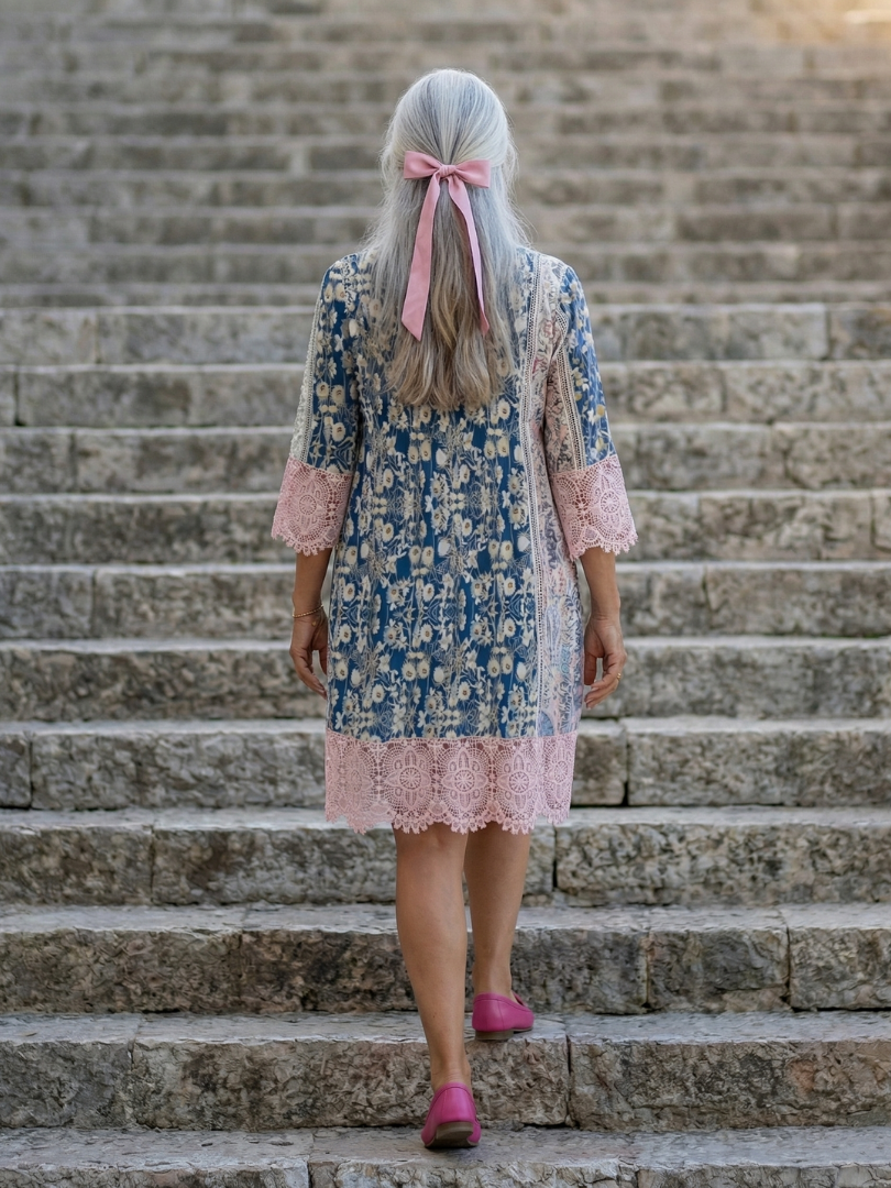 Women's V-Neck Floral Garden Dress with Lace Trim – Saint Dor UK – detail view