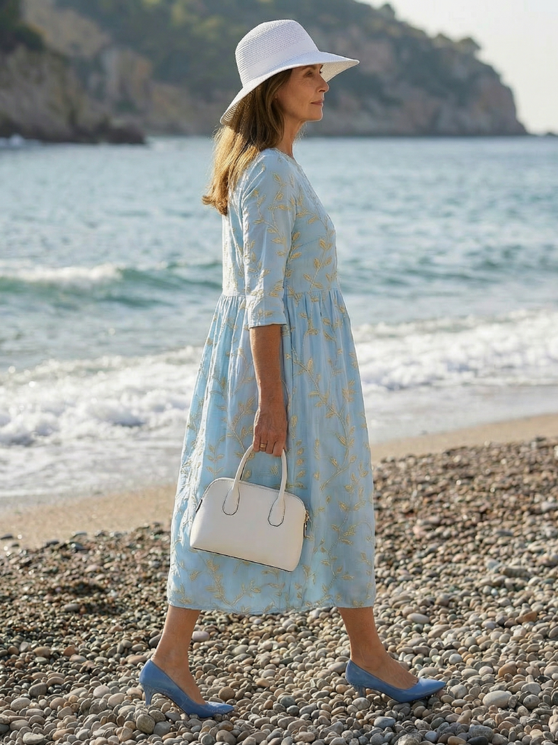 Women's Embroidered Botanical Midi Dress Shoreline Garden – Saint Dor UK – side view