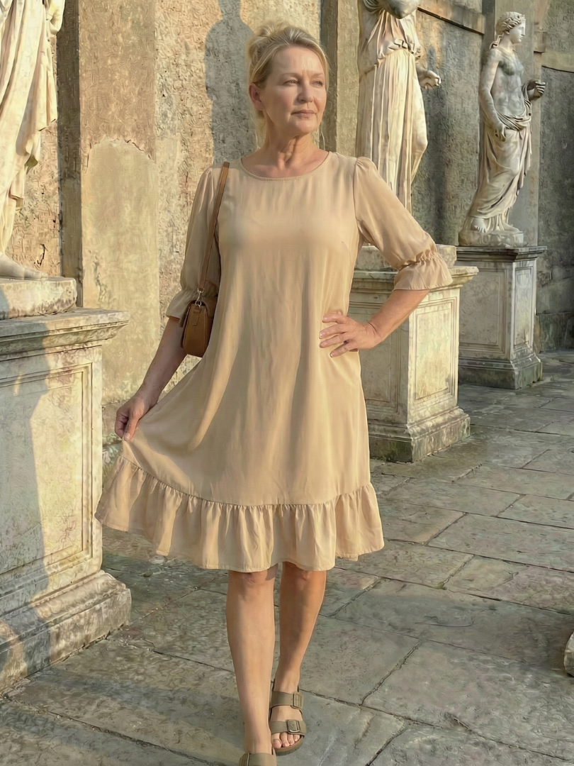 Women's Knee-Length Dress with Ruffle Cuff Detail – Saint Dor UK – side view