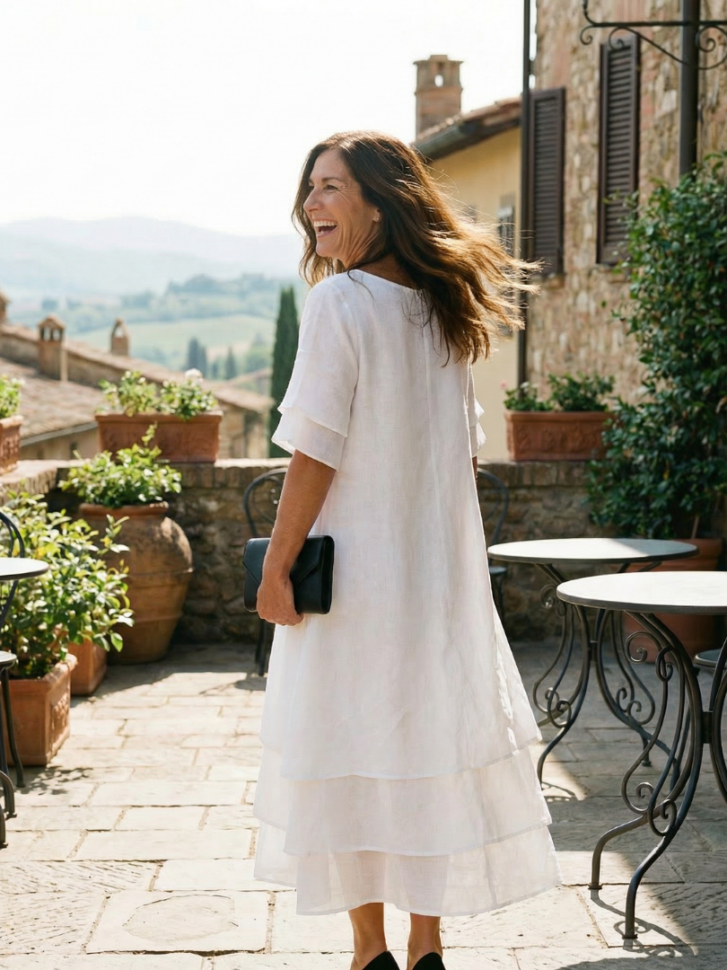 Women's Layered Hem Midi Dress in Soft Fabric – Saint Dor UK – lifestyle shot