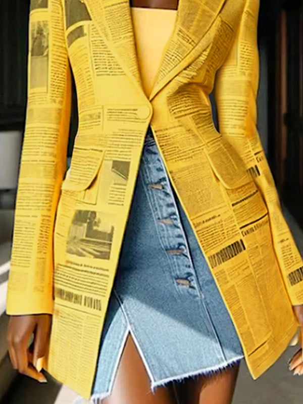 Fitted yellow blazer printed with newspaper columns and a peak lapel