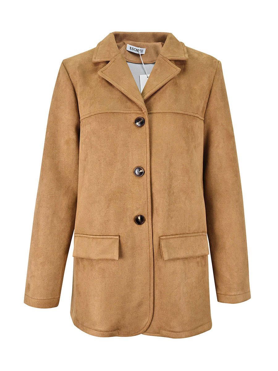 Tan suede-look blazer with a notch lapel and two flap pockets