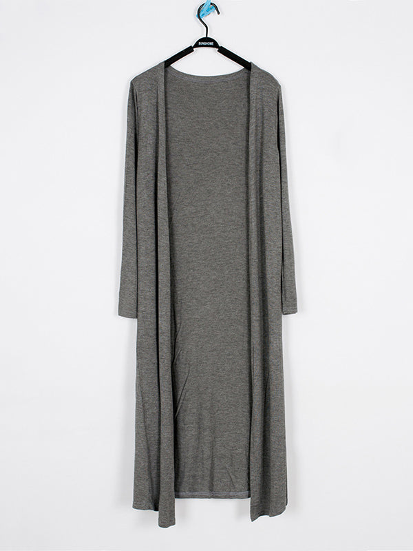 Light longline cardigan hanging open with dropped shoulders in charcoal