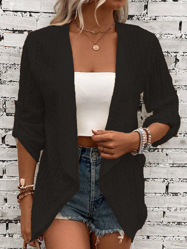 Light openwork knit jacket with a collarless neckline and button front in black