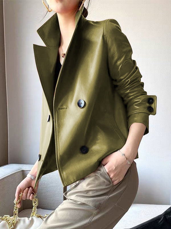 Faux leather jacket with an oversized lapel collar in olive