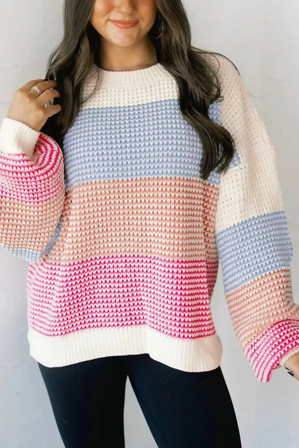 Women's colour block waffle knit jumper in Blue and Pink Colour Block