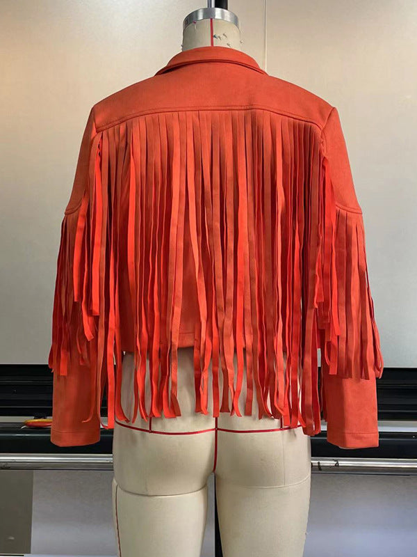 Short fringed jacket with a notch lapel and open front
