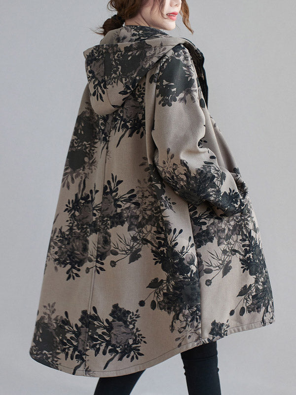 Grey hooded jacket printed with dark flowers and a full-length zip