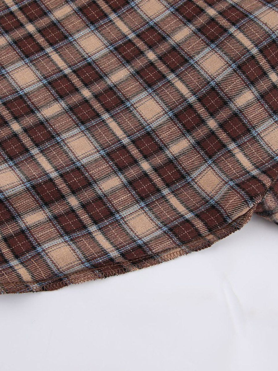 Oversized brown check shacket with a contrast collar and chest pockets