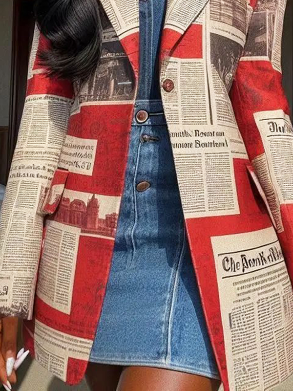Blazer printed with newsprint columns in red and cream