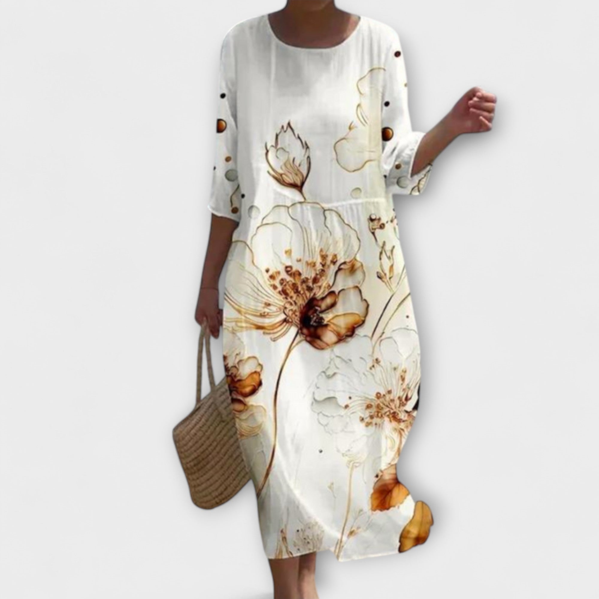 Women's Floral Embroidery Maxi Dress – Cotton Silk A-Line – lifestyle shot