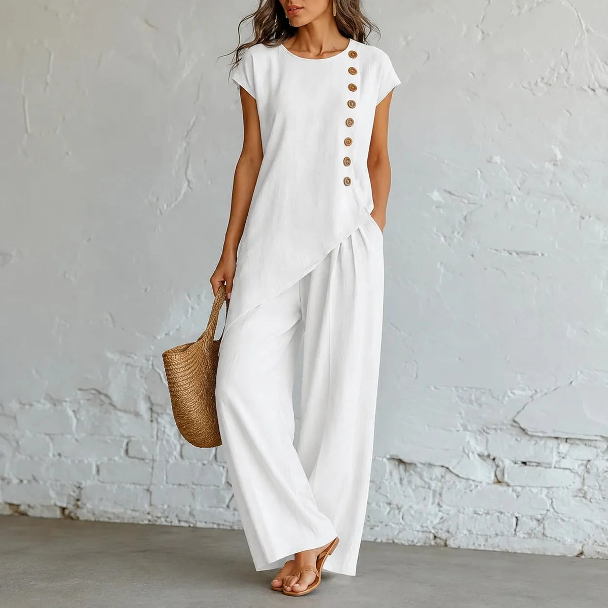 Women's two-piece set with asymmetric hem in White