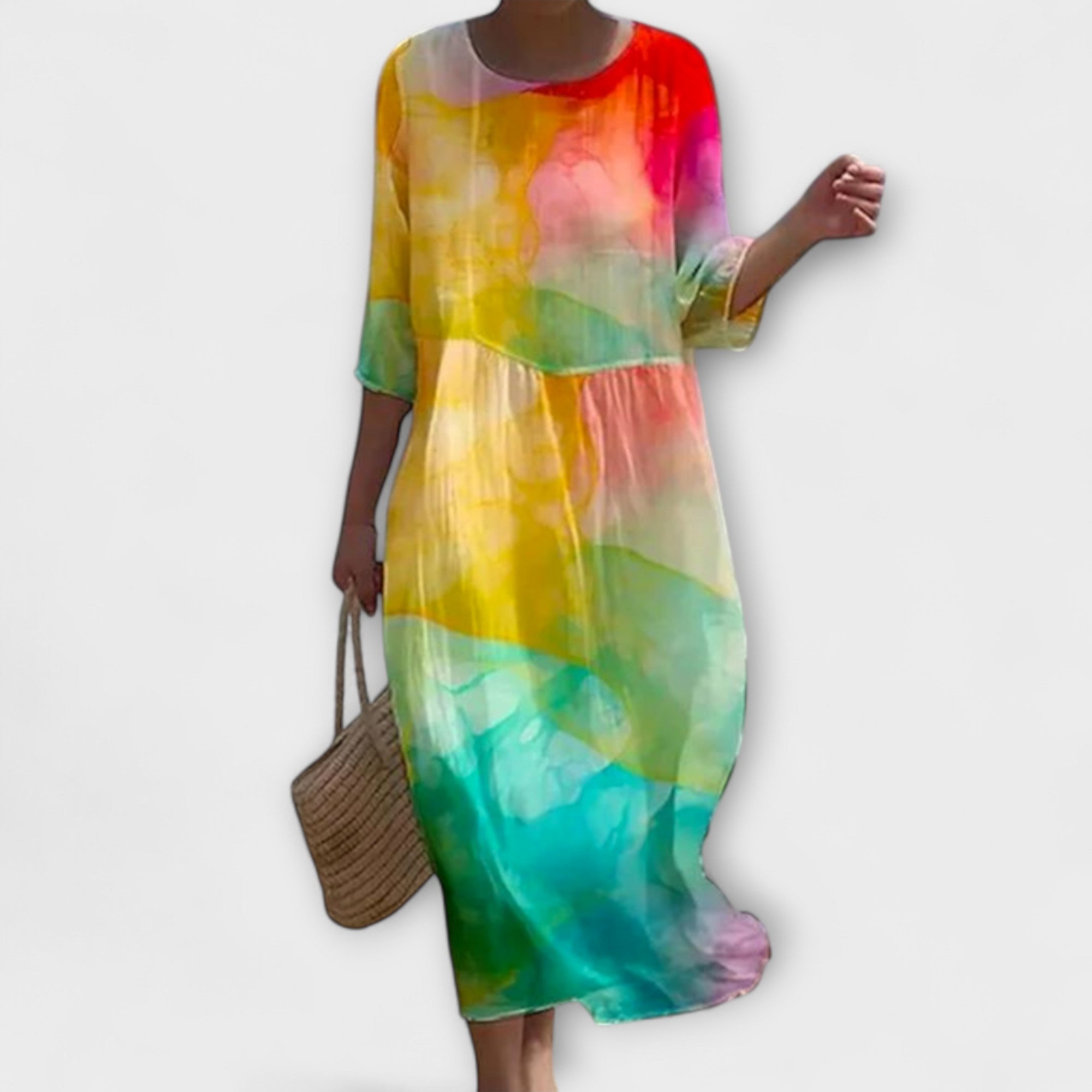 Women's Floral Embroidery Maxi Dress – Cotton Silk A-Line – full length view
