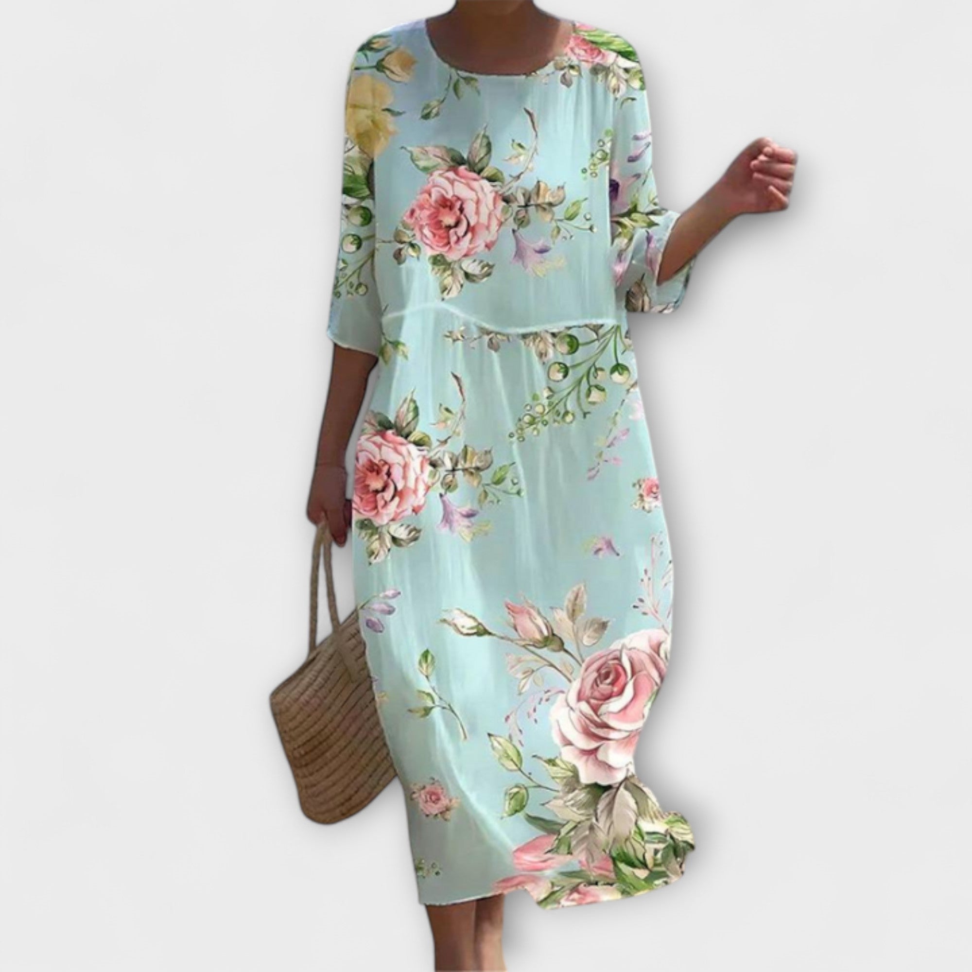 Women's Floral Embroidery Maxi Dress – Cotton Silk A-Line – front view