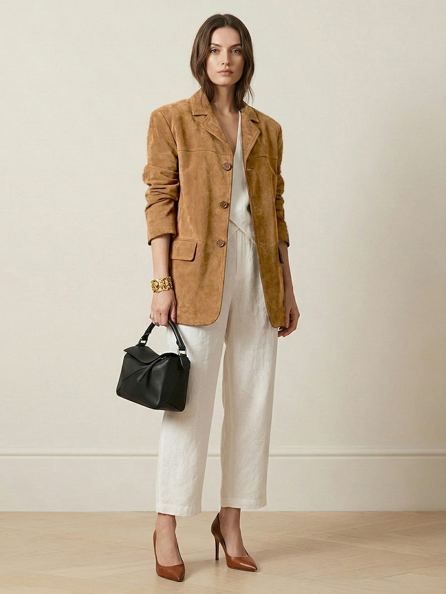 Tan suede-look blazer with a notch lapel and two flap pockets