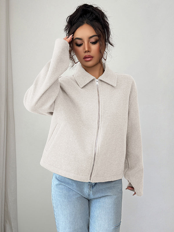Short boxy jacket in a brushed cloth with a shirt collar and zip