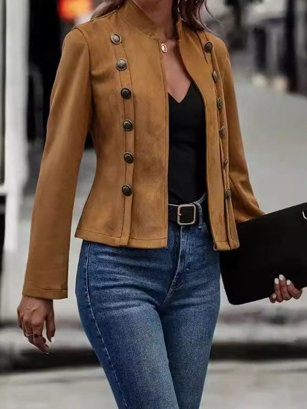 Soft suede-look jacket with panel seams and a low stand collar