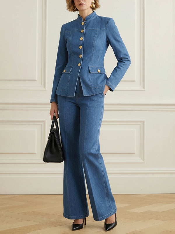 Fitted denim jacket with a stand collar and gold-tone buttons