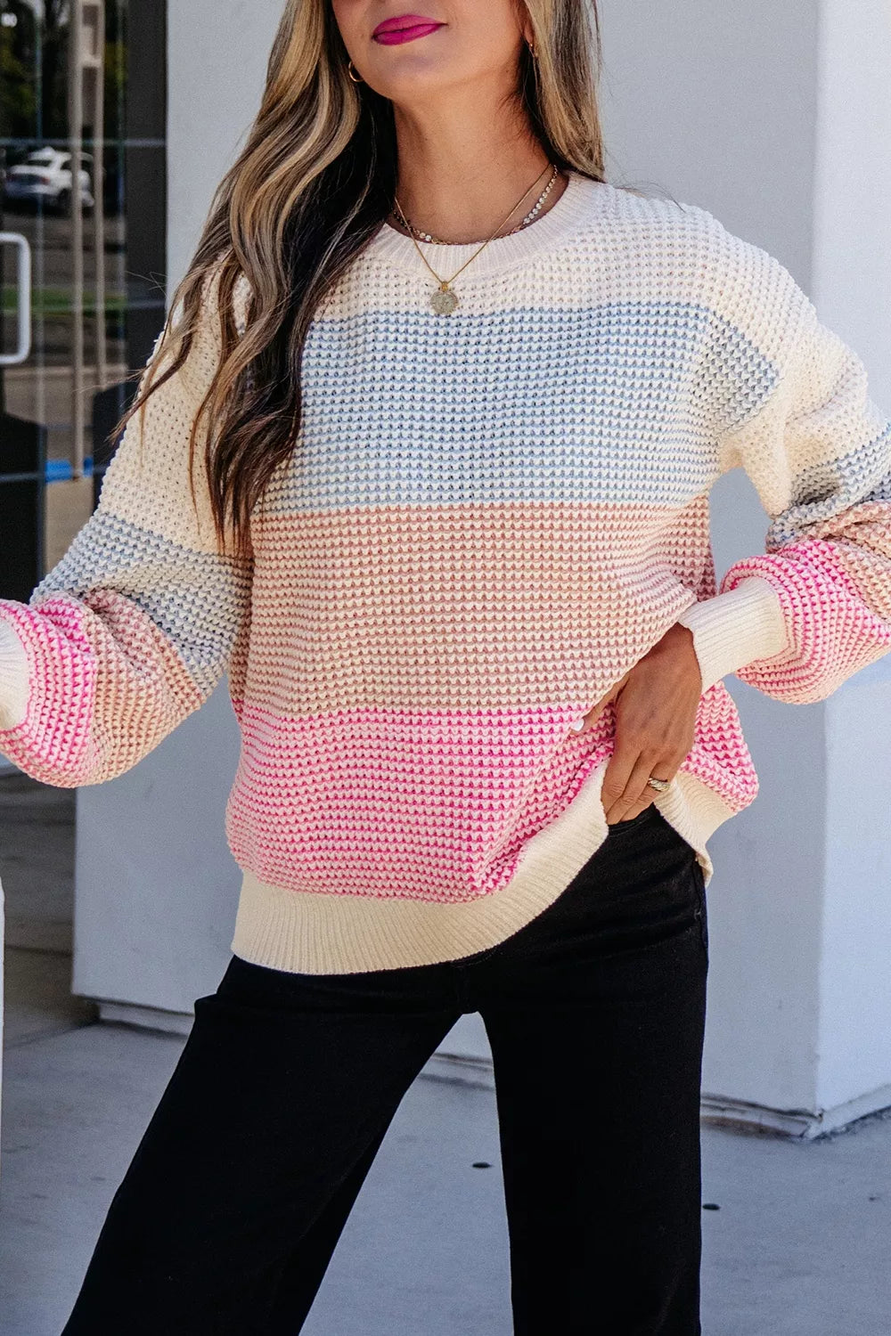 Women's colour block waffle knit jumper - detail