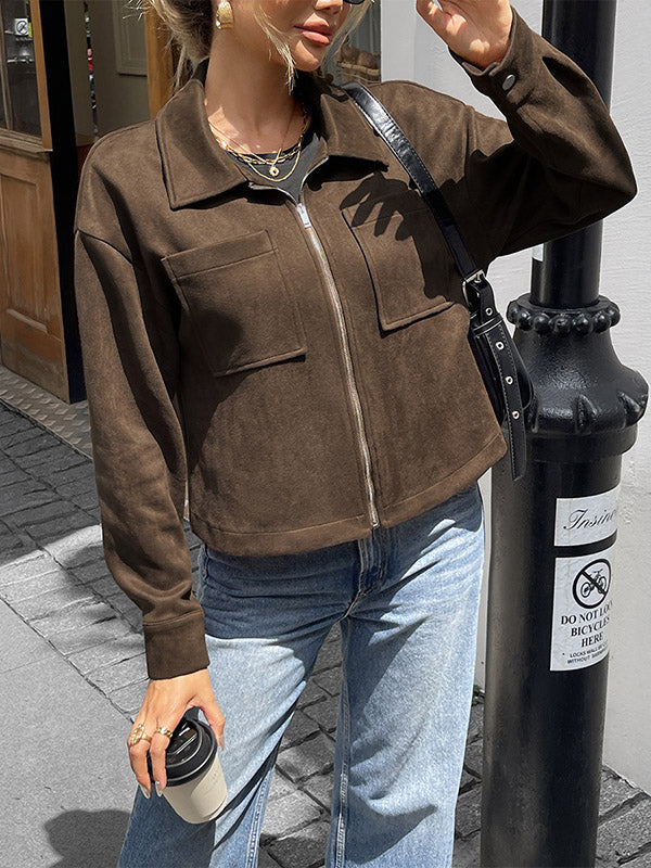 Chocolate brown suede-look jacket with a shirt collar and zip front