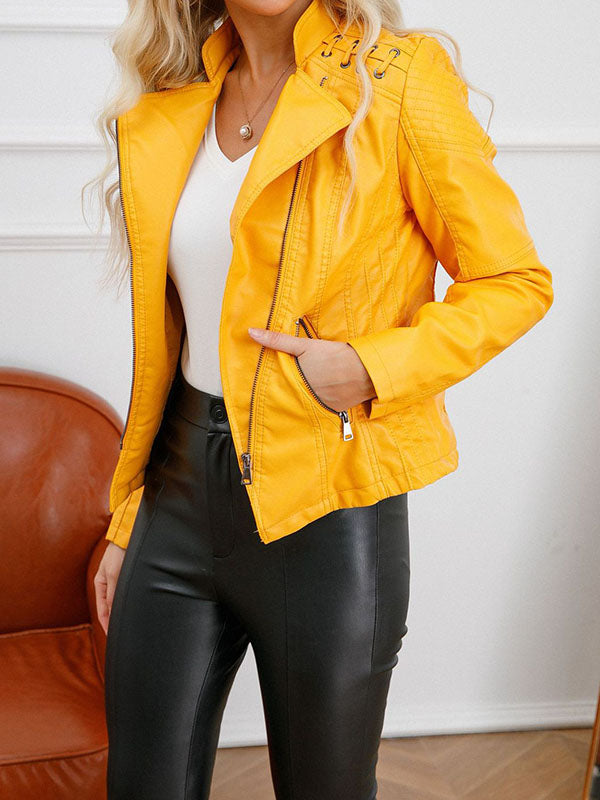 Faux leather biker jacket with lacing across the shoulders