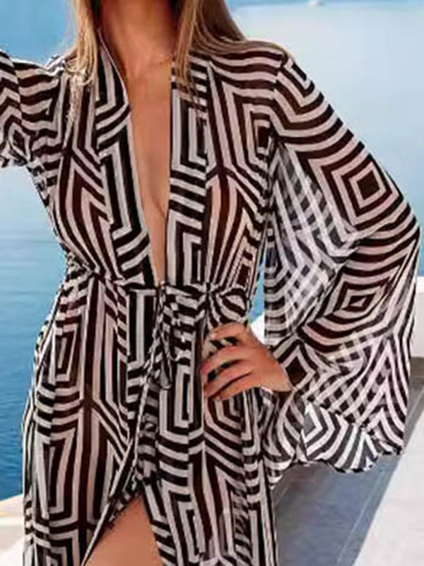 Long sheer beach cover-up in a black and white geometric print