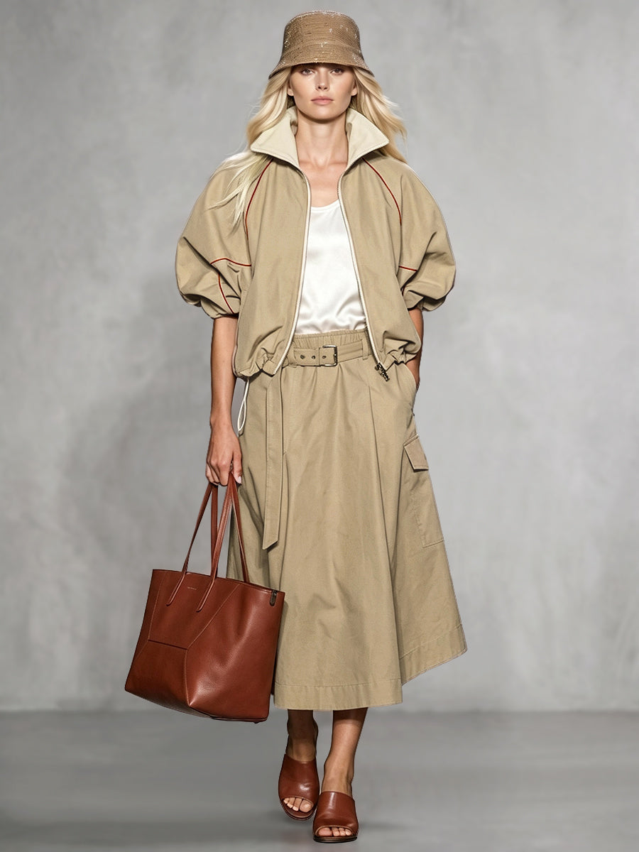 Khaki jacket with rust contrast piping and gathered puff sleeves