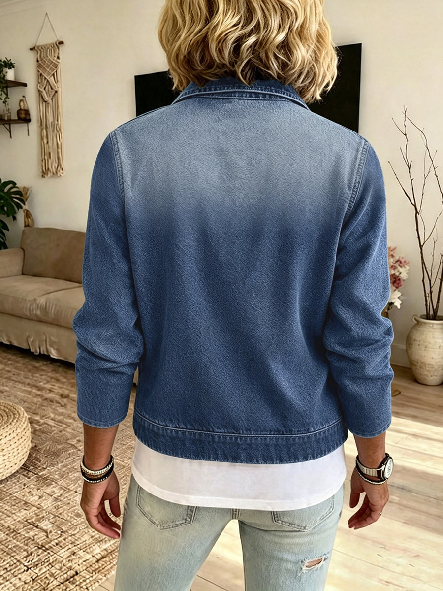 Denim jacket with a zip front and slanted zip pockets